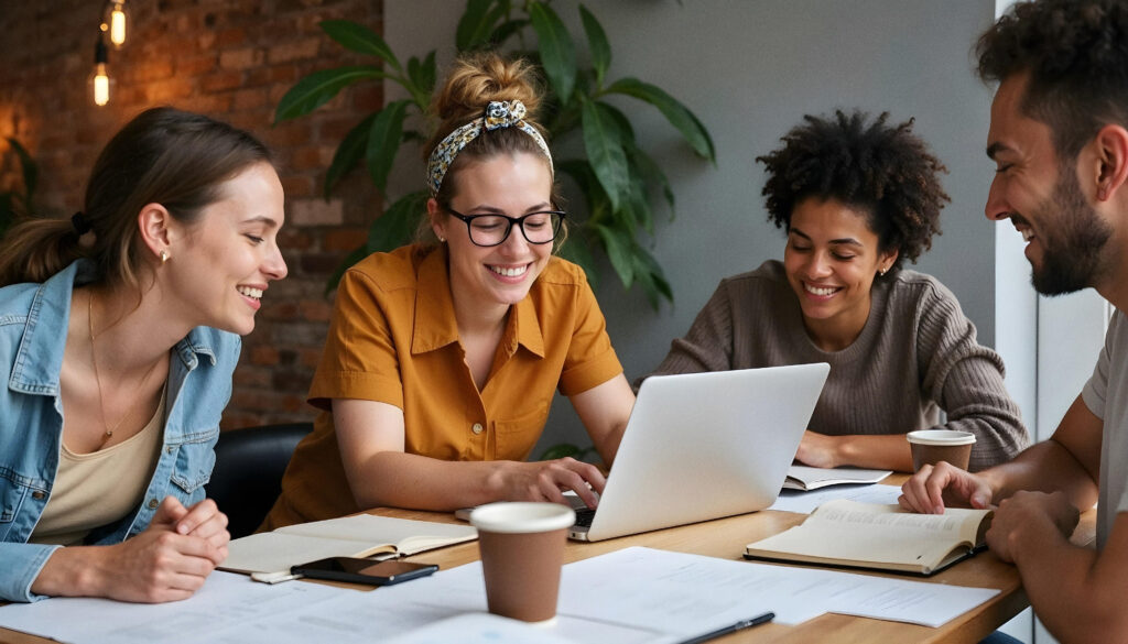 samenwerking-content-makers-rond-een-laptop-in-een-creatieve-werkruimte